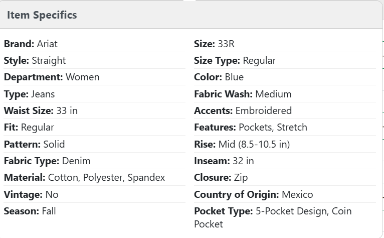 Ariat jeans listing with 26 AI-generated item specifics