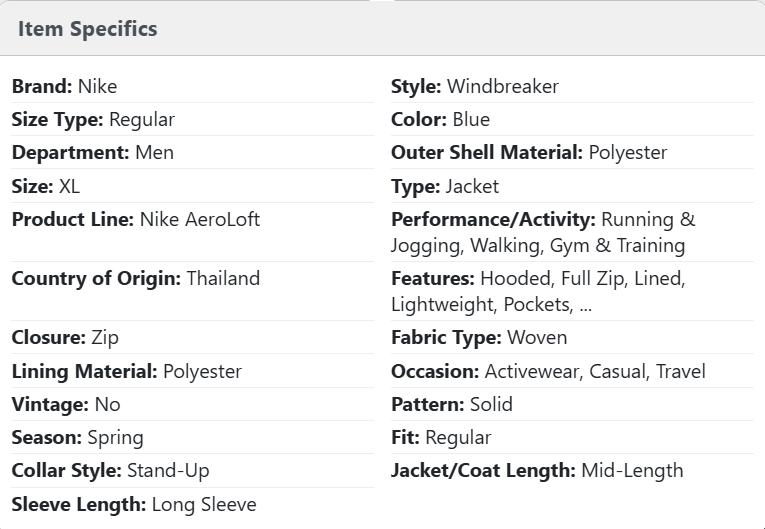 Nike AeroLoft windbreaker listing with 24 AI-generated item specifics
